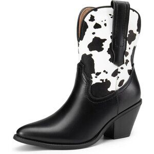 Dream Pairs Cowboy Ankle Boots Women's Black White PU Western Mid-Calf Comfort